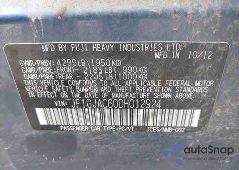 2013 Subaru Impreza 2.0I Premium from USA, damaged, VIN JF1GJAC60DH012924